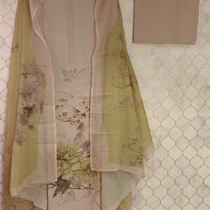 u1044 pure cotton twill weave with digital print in front neckline thread patti with button organza lace given on hemline