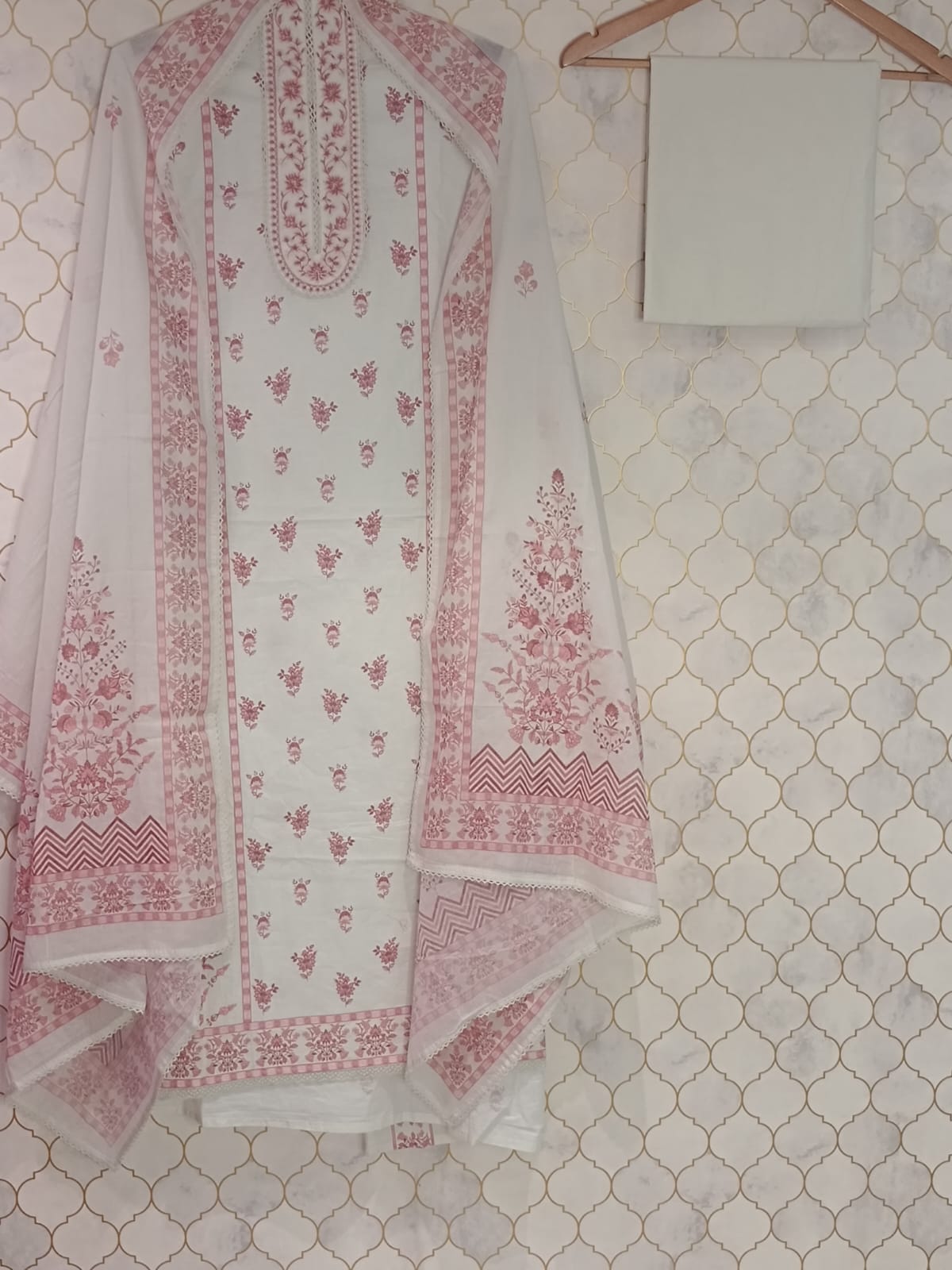 u1060 pure cotton front printed neckline thread work with lace detailing lace given on hemline u1060 pure cotton front printed neckline thread work with lace detailing lace given on hemline