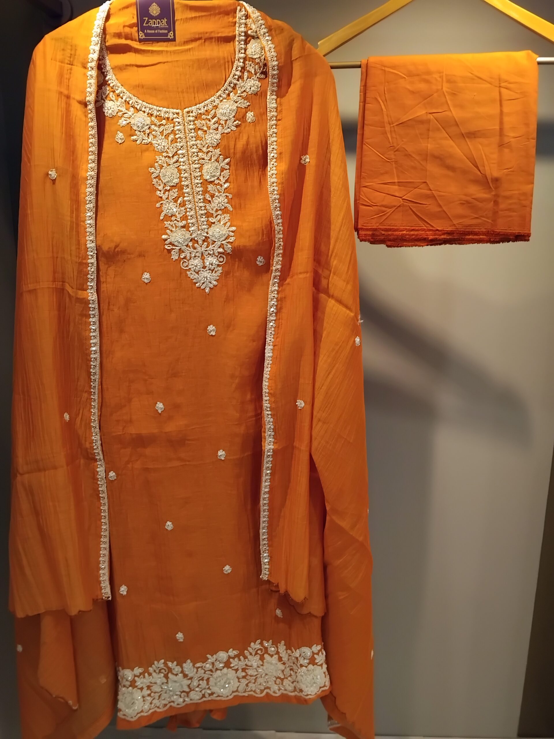 U1104-Pure mul-mul Cotton Thread cutdana Pearls Detailing on Neckline some Buties in front Lucknowi handwork on Hemline