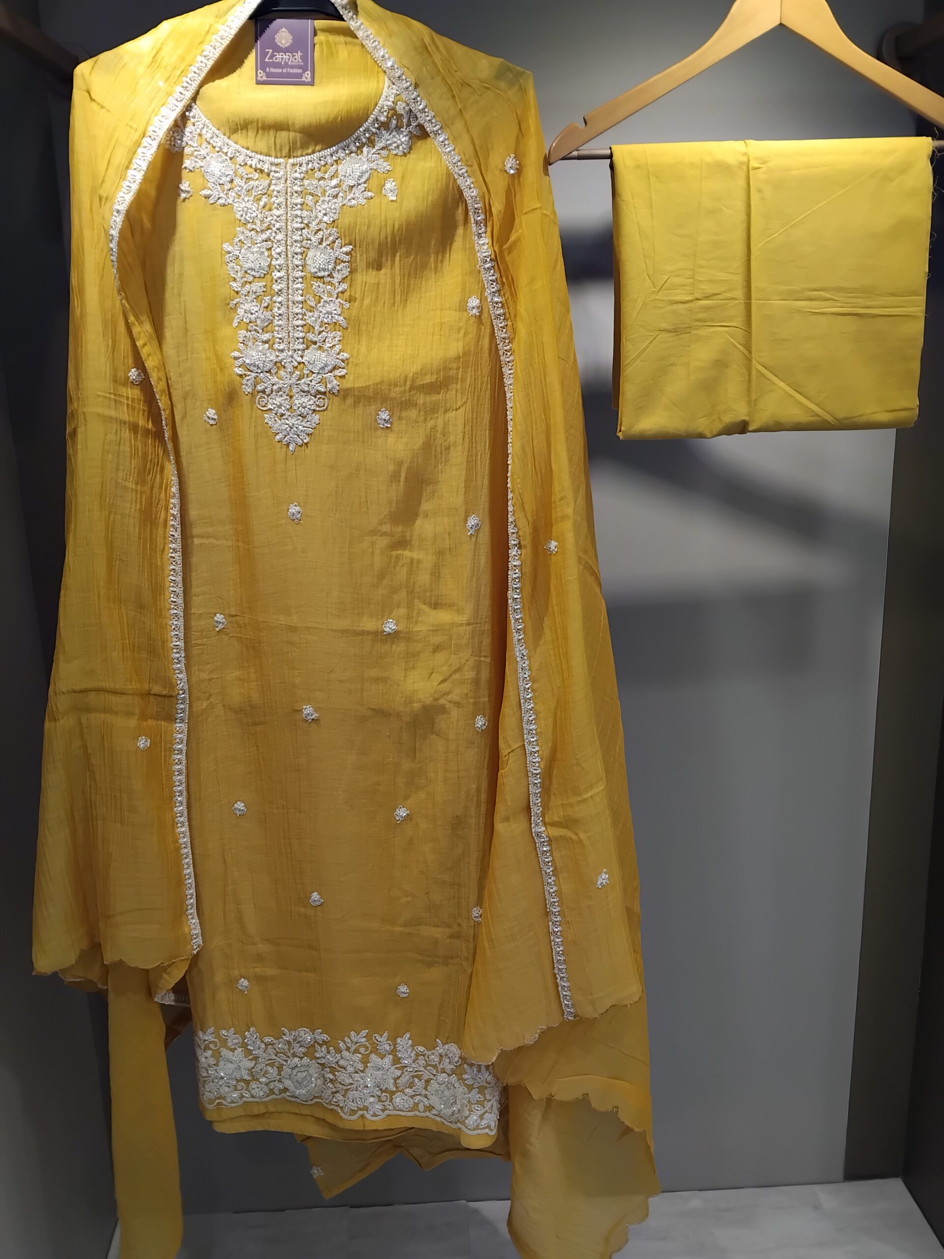 U1104-Pure mul-mul Cotton Thread cutdana Pearls Detailing on Neckline some Buties in front Lucknowi handwork on Hemline - Image 2