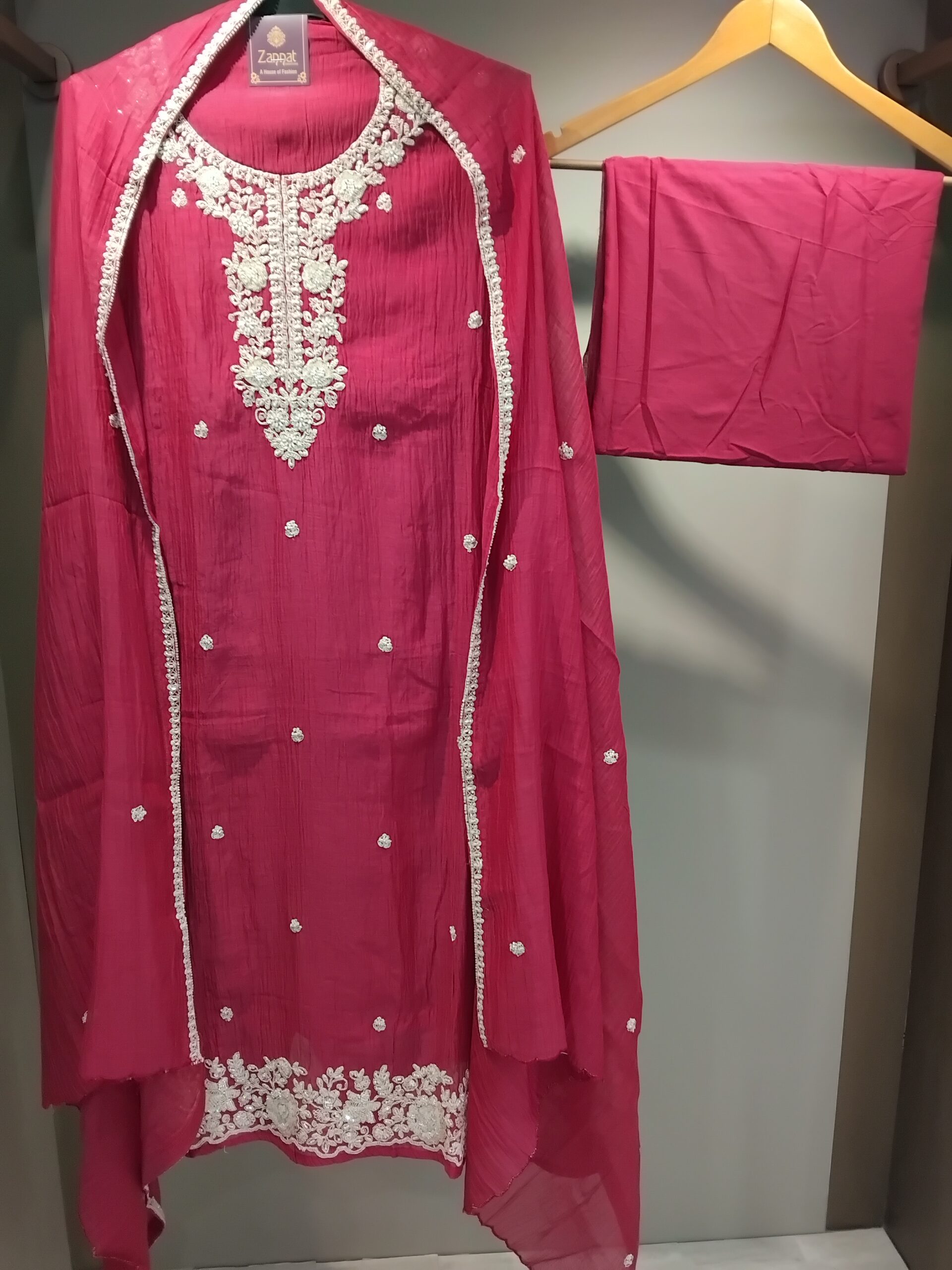 U1104-Pure mul-mul Cotton Thread cutdana Pearls Detailing on Neckline some Buties in front Lucknowi handwork on Hemline - Image 3