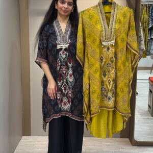 u1148 pure chinnon kaftan ikat style print with small dotted border detailing neckline mirror and pearls work