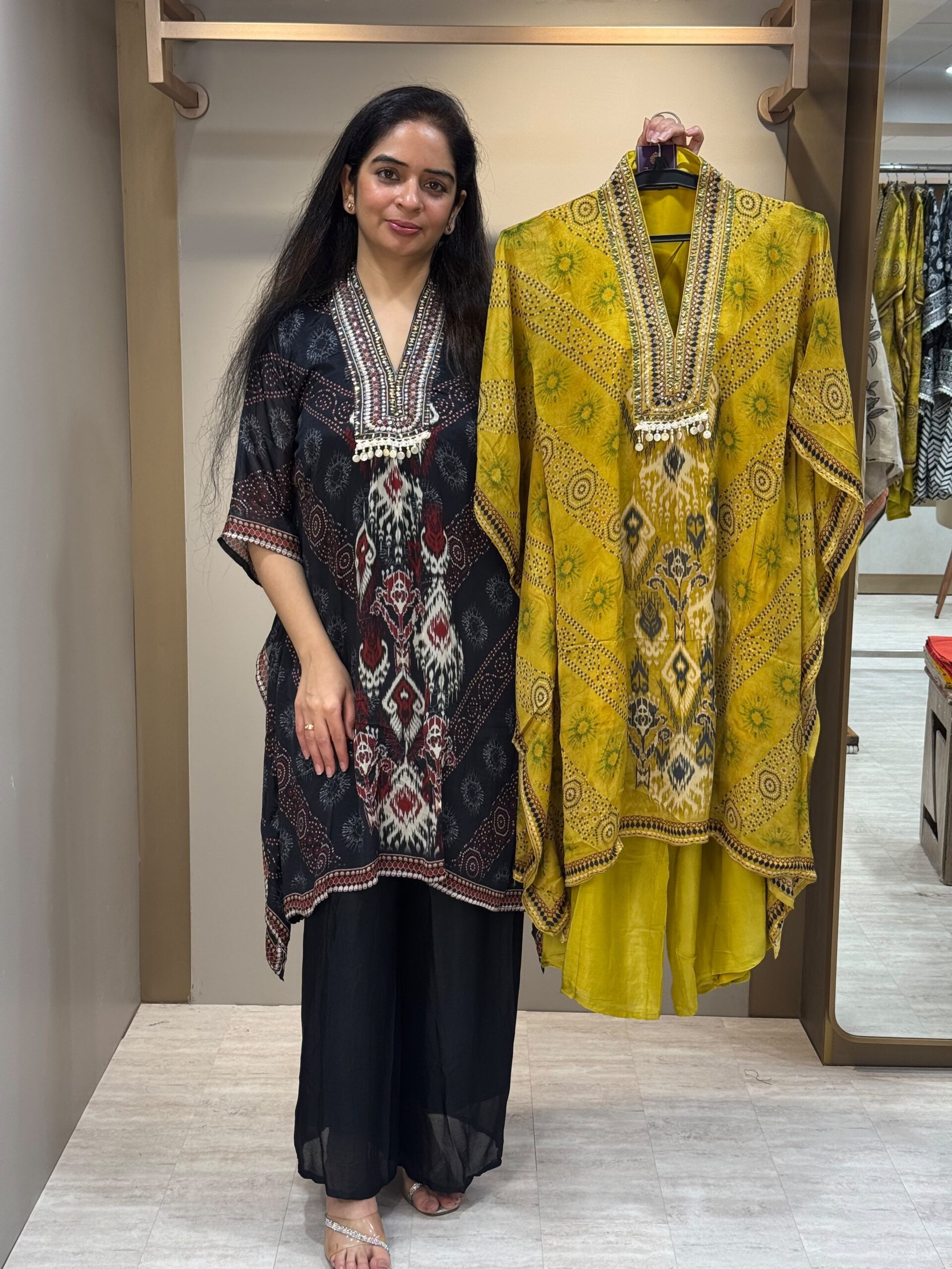 u1148 pure chinnon kaftan ikat style print with small dotted border detailing neckline mirror and pearls work u1148 pure chinnon kaftan ikat style print with small dotted border detailing neckline mirror and pearls work