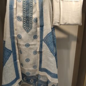 u1144 pure cotton linen with block prints neck detailing pearls and cutdana sequence highlighting lace given and zari sequence detailing embroidery on hemline