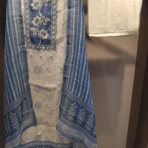 u1145 pure cotton linen with block prints neckline pearls cutdana flower sequence detailing lace and cutdana embroidery on hemline